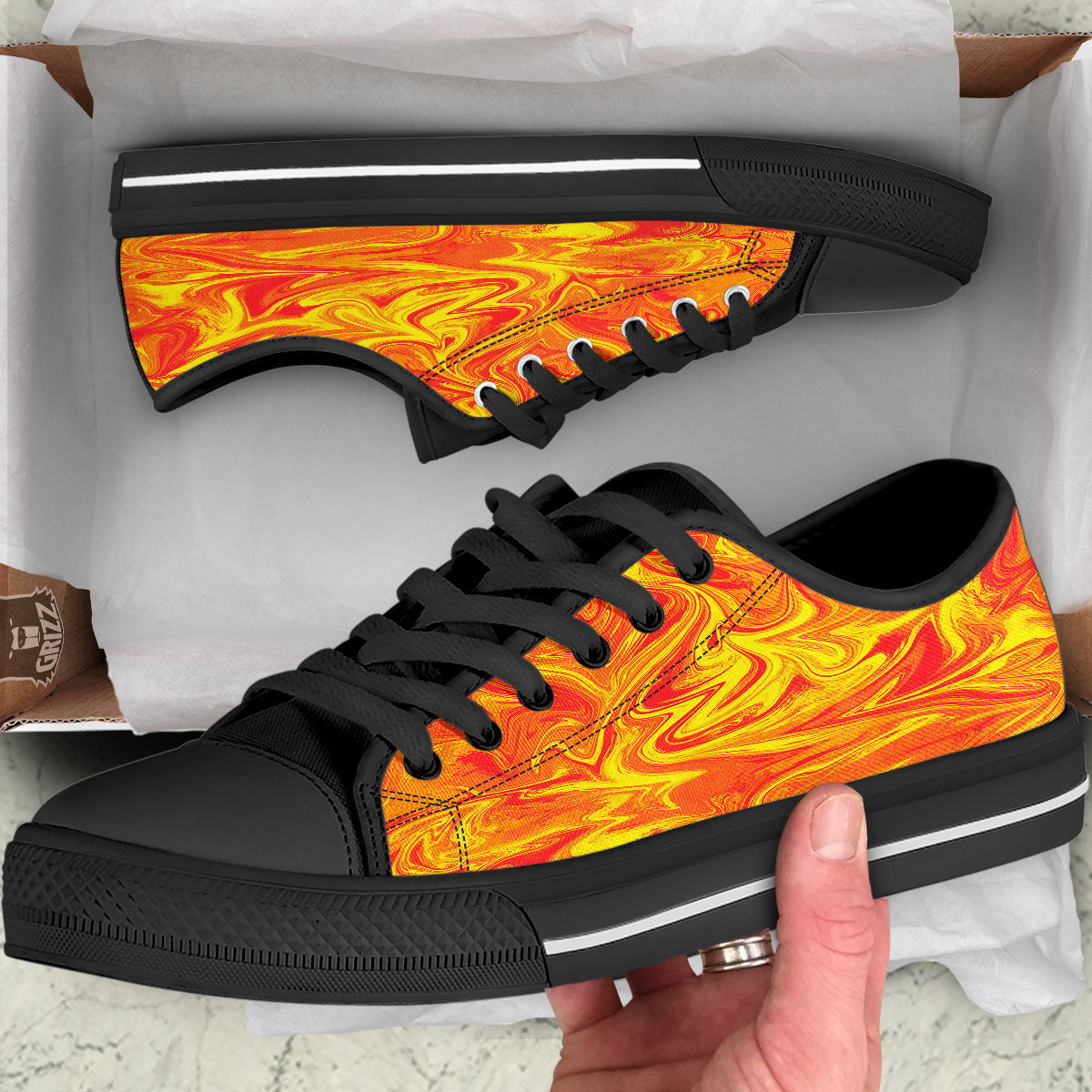 Liquid Psychedelic Trippy Orange Print Black Low Top Shoes-grizzshop