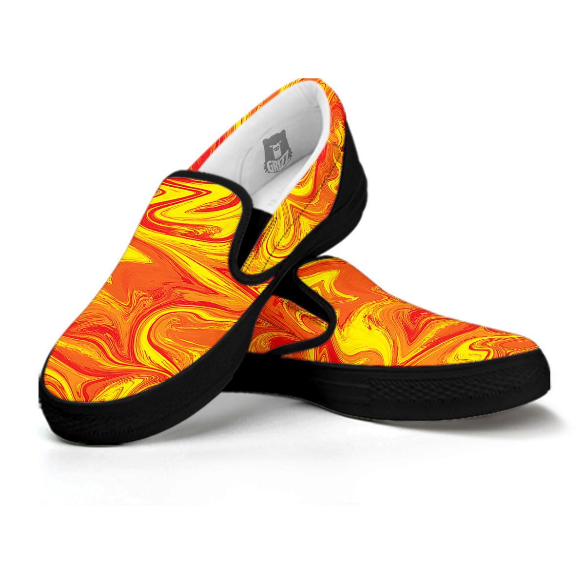Liquid Psychedelic Trippy Orange Print Black Slip On Shoes-grizzshop
