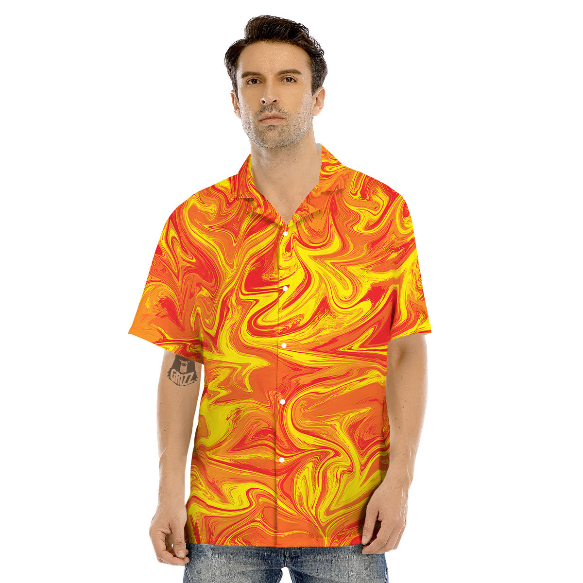 Liquid Psychedelic Trippy Orange Print Men's Hawaiian Shirt-grizzshop