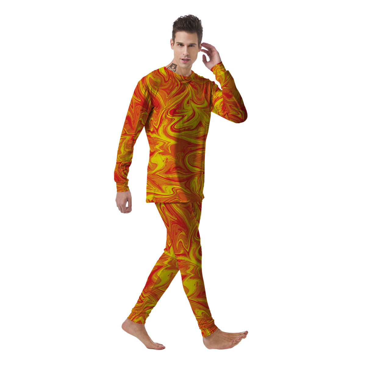 Liquid Psychedelic Trippy Orange Print Men's Pajamas-grizzshop