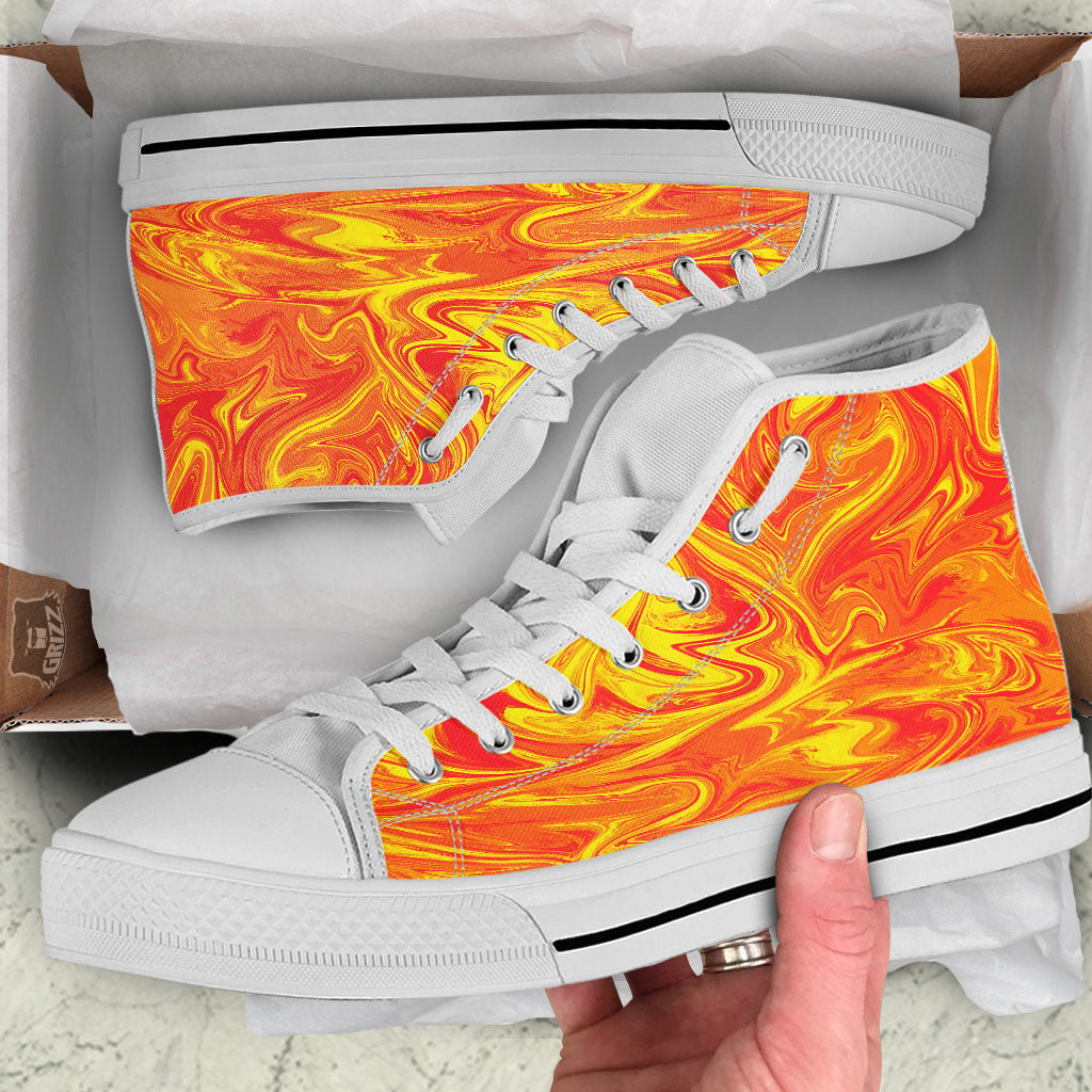 Liquid Psychedelic Trippy Orange Print White High Top Shoes-grizzshop