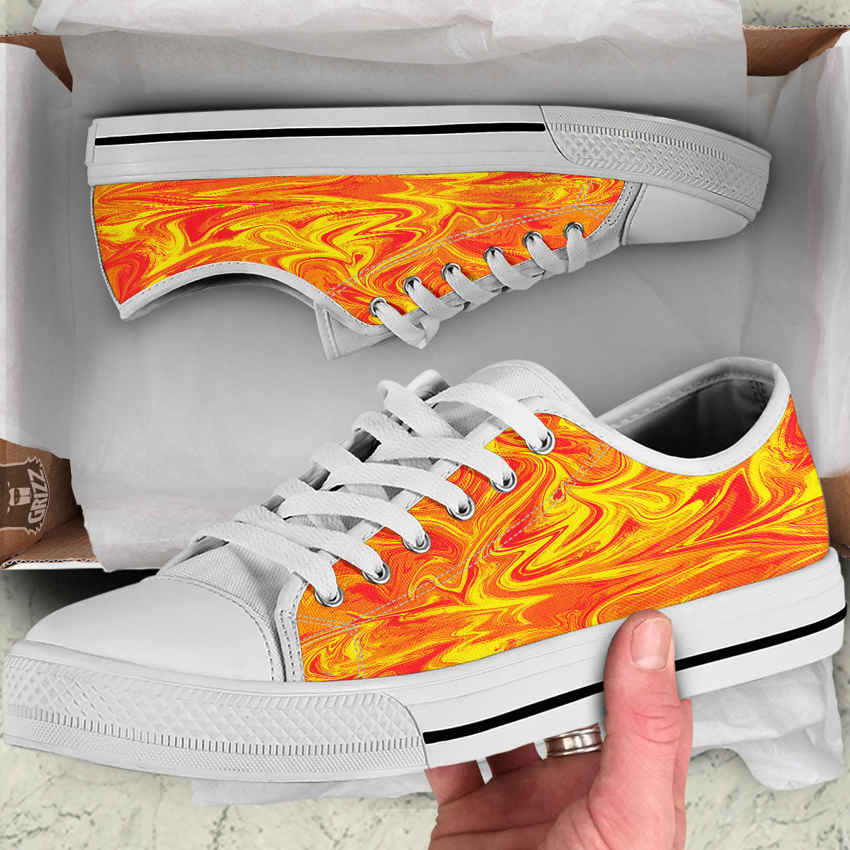 Liquid Psychedelic Trippy Orange Print White Low Top Shoes-grizzshop