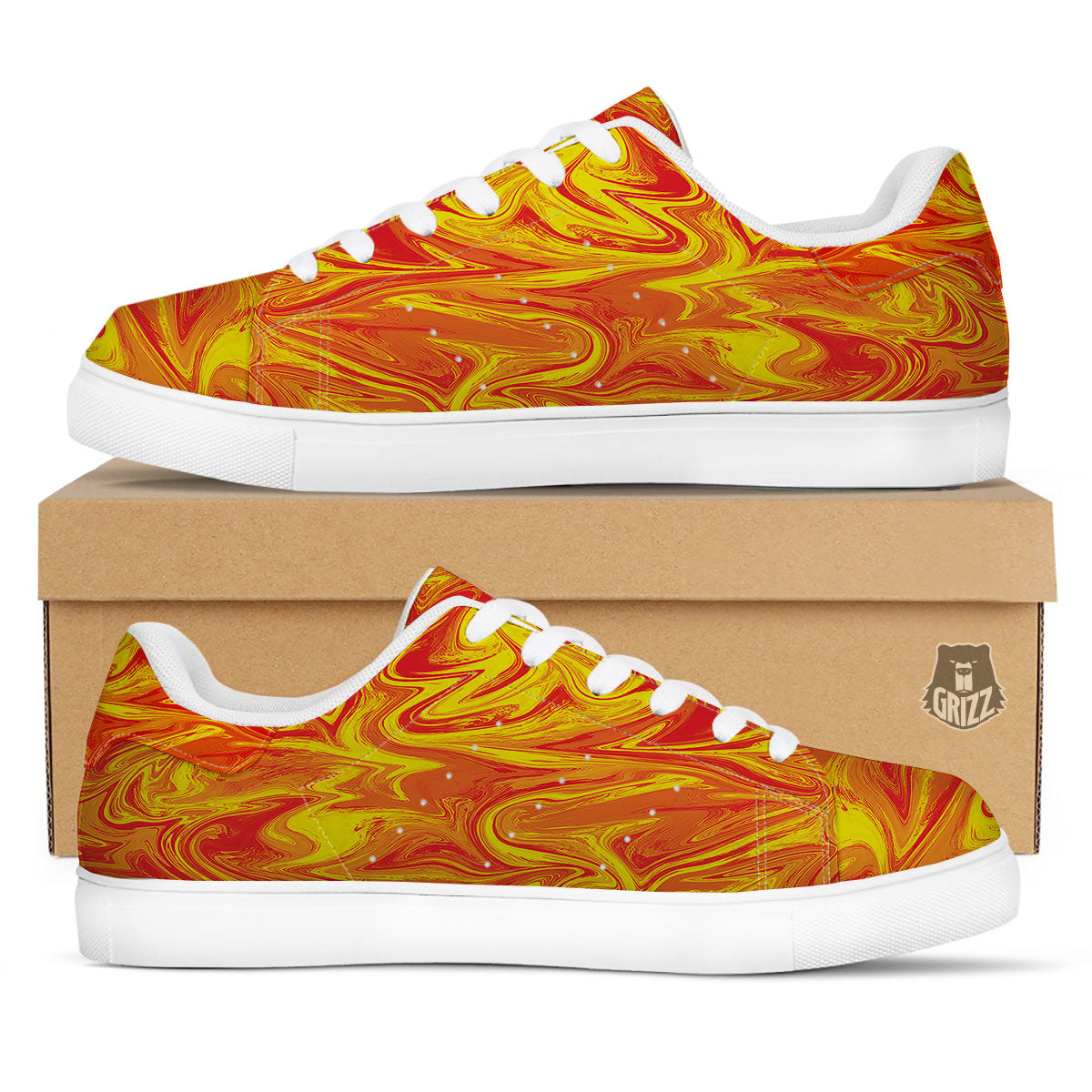 Liquid Psychedelic Trippy Orange Print White Low Top Sneakers-grizzshop