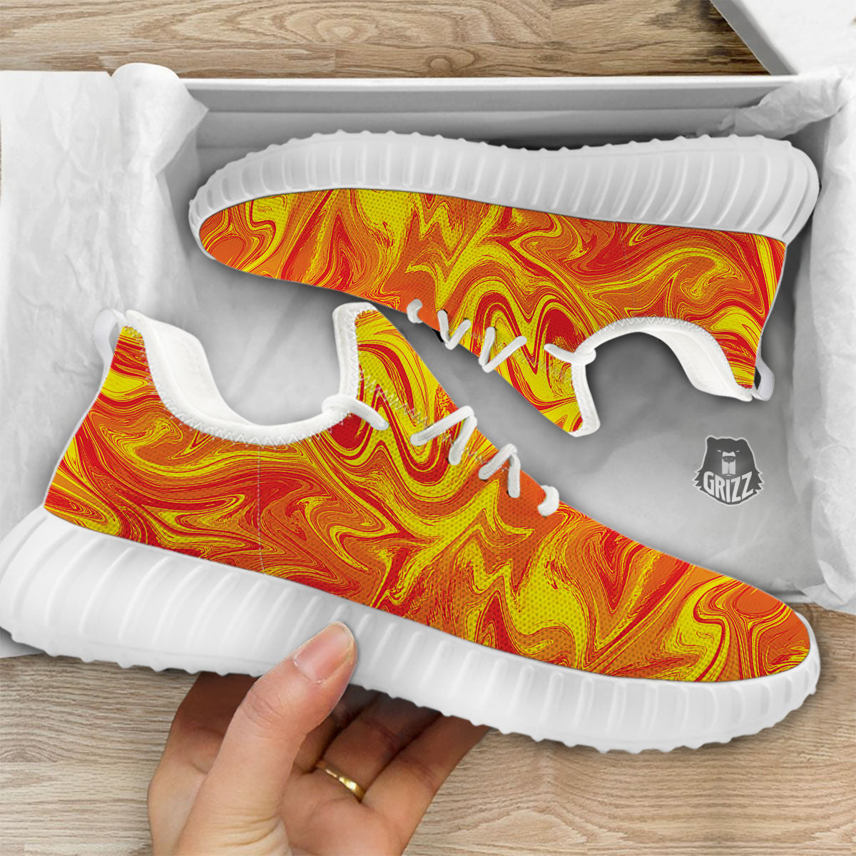 Liquid Psychedelic Trippy Orange Print White Walking Shoes-grizzshop