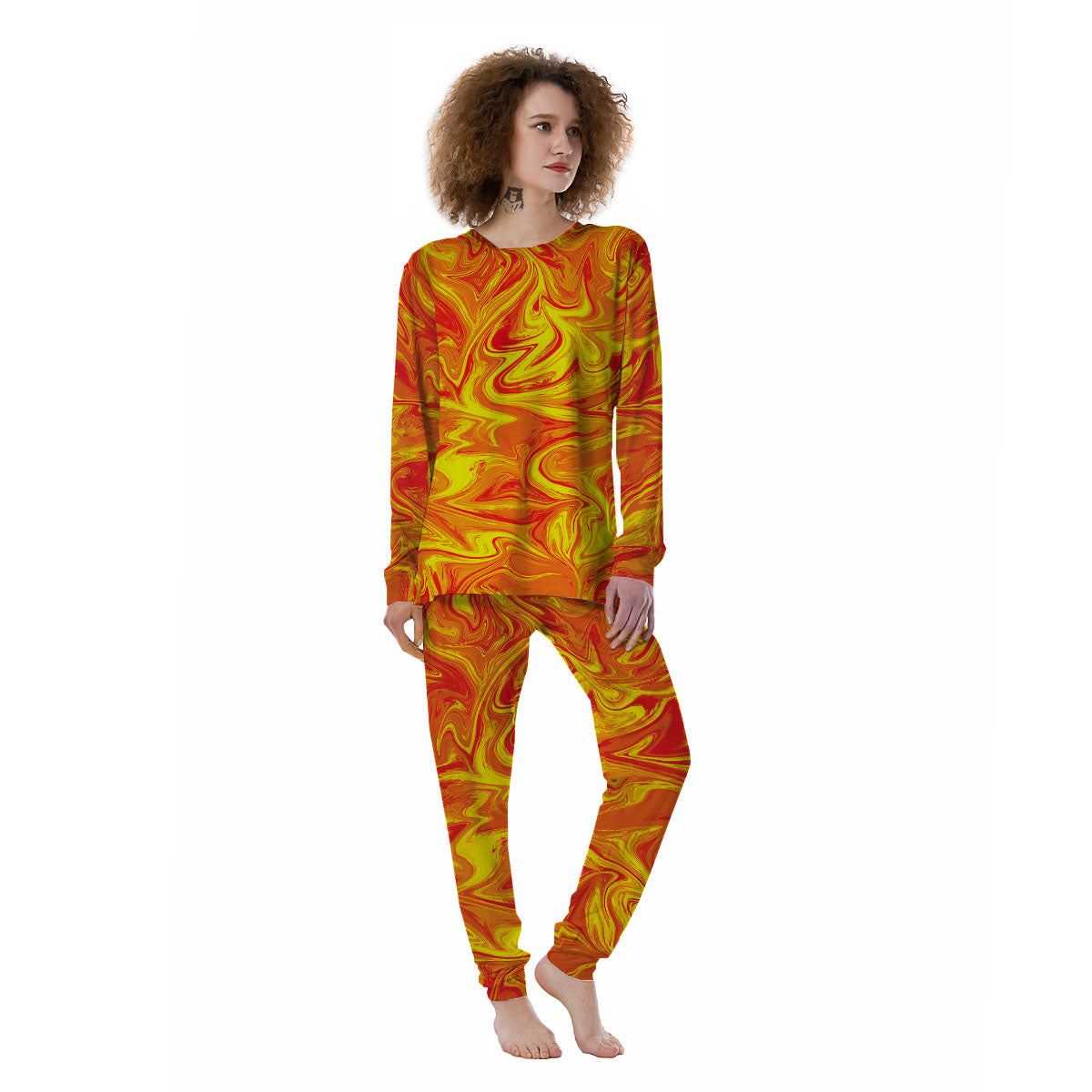 Liquid Psychedelic Trippy Orange Print Women's Pajamas-grizzshop