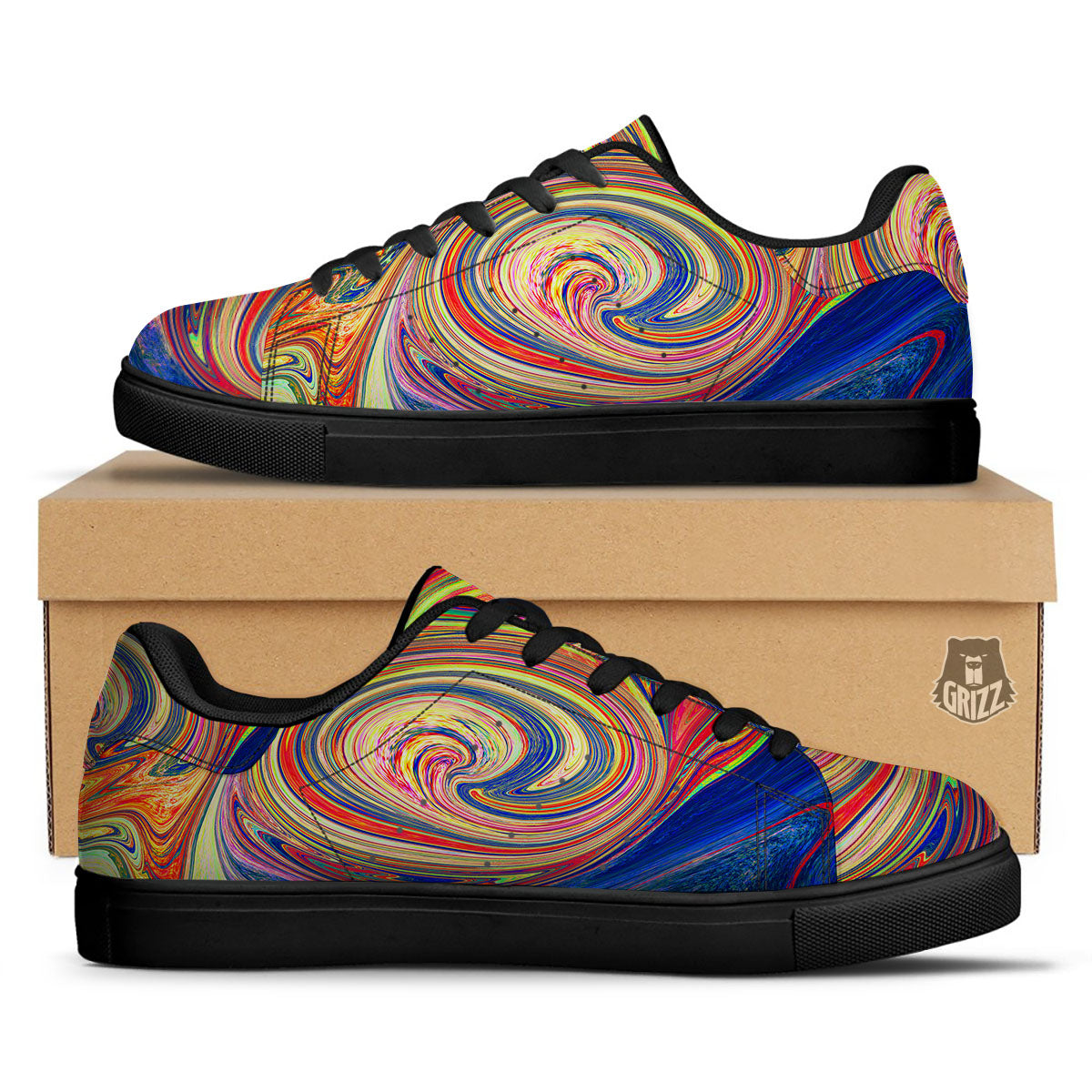 Liquid Trippy Abstract Psychedelic Print Black Low Top Sneakers-grizzshop
