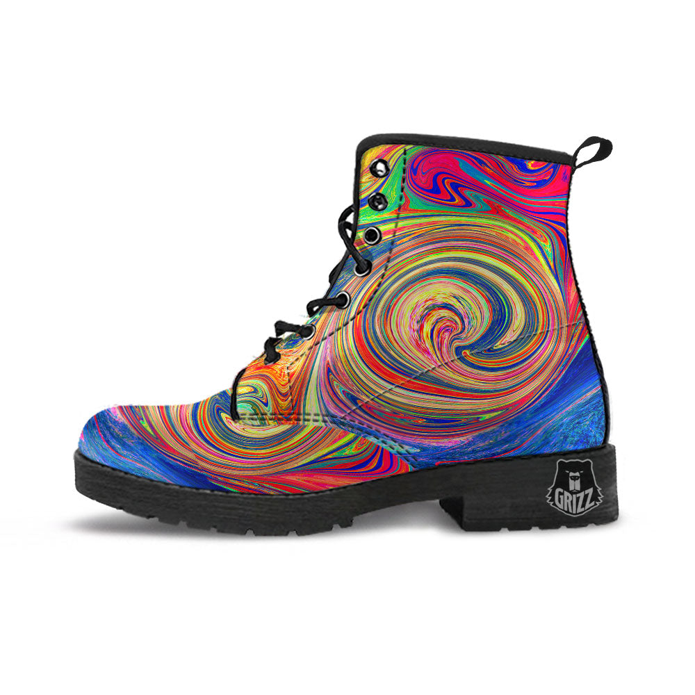 Liquid Trippy Abstract Psychedelic Print Leather Boots-grizzshop