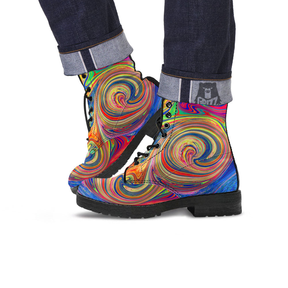 Liquid Trippy Abstract Psychedelic Print Leather Boots-grizzshop
