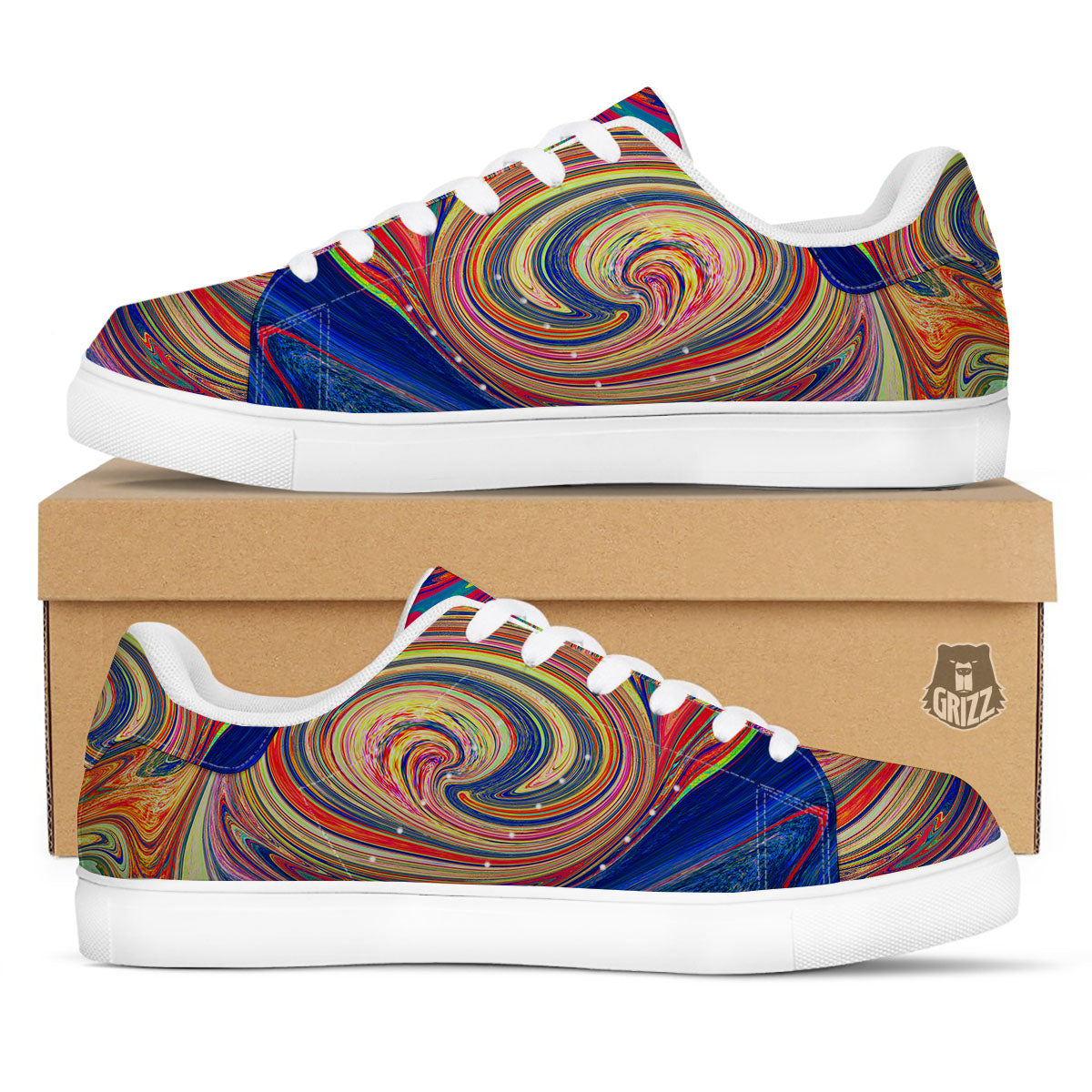 Liquid Trippy Abstract Psychedelic Print White Low Top Sneakers-grizzshop