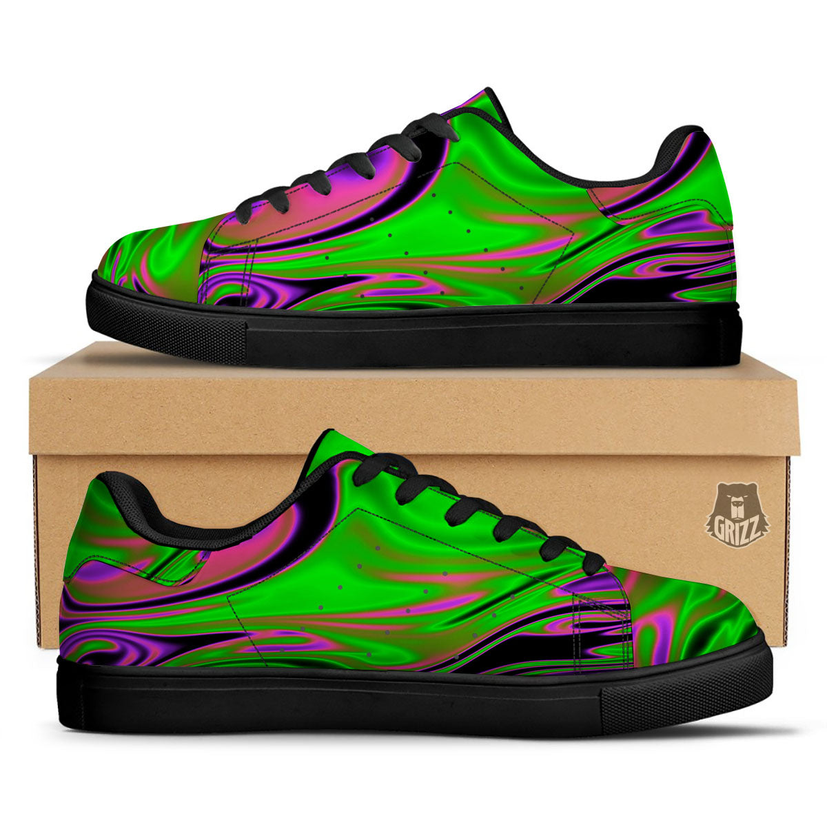 Liquid Trippy Green Abstract Print Black Low Top Sneakers-grizzshop