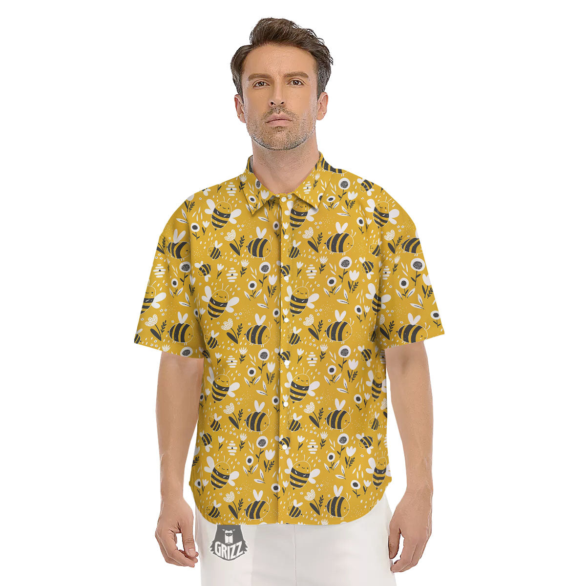 Little Bee Print Pattern Men's Short Sleeve Shirts-grizzshop