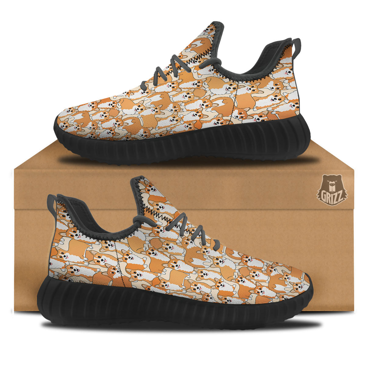 Little Corgi Print Pattern Black Walking Shoes-grizzshop