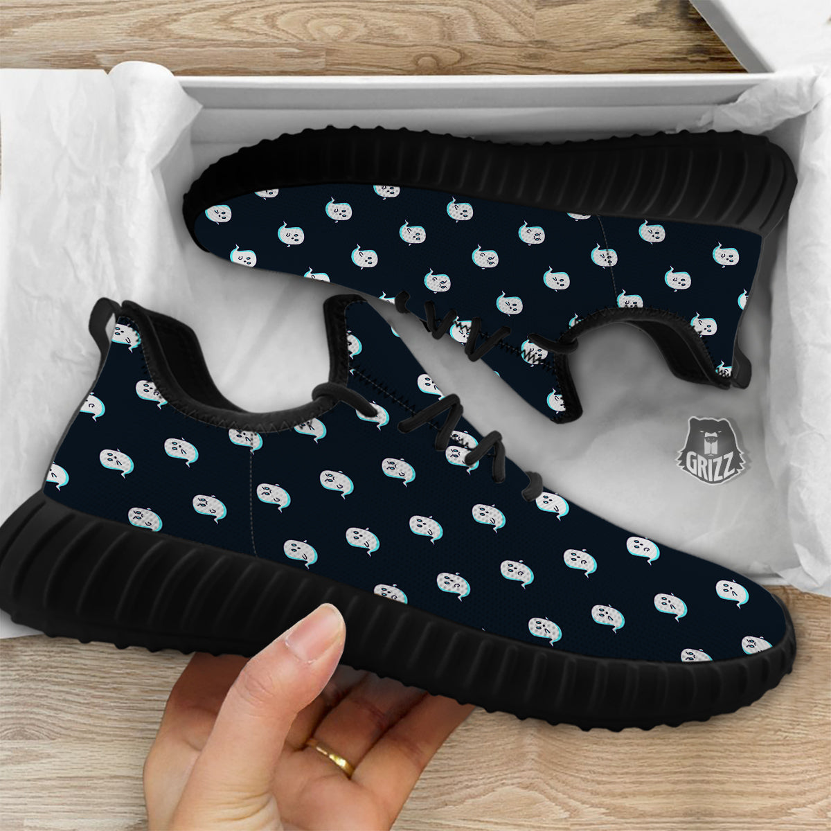 Little Ghost Cute Print Pattern Black Walking Shoes-grizzshop