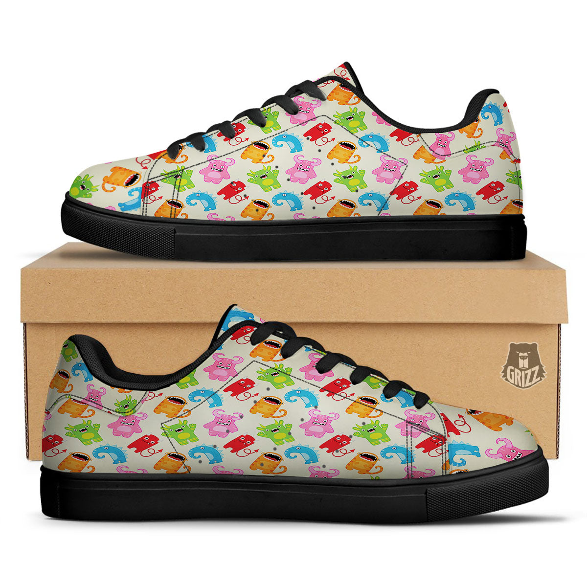 Little Monster Print Pattern Black Low Top Sneakers-grizzshop