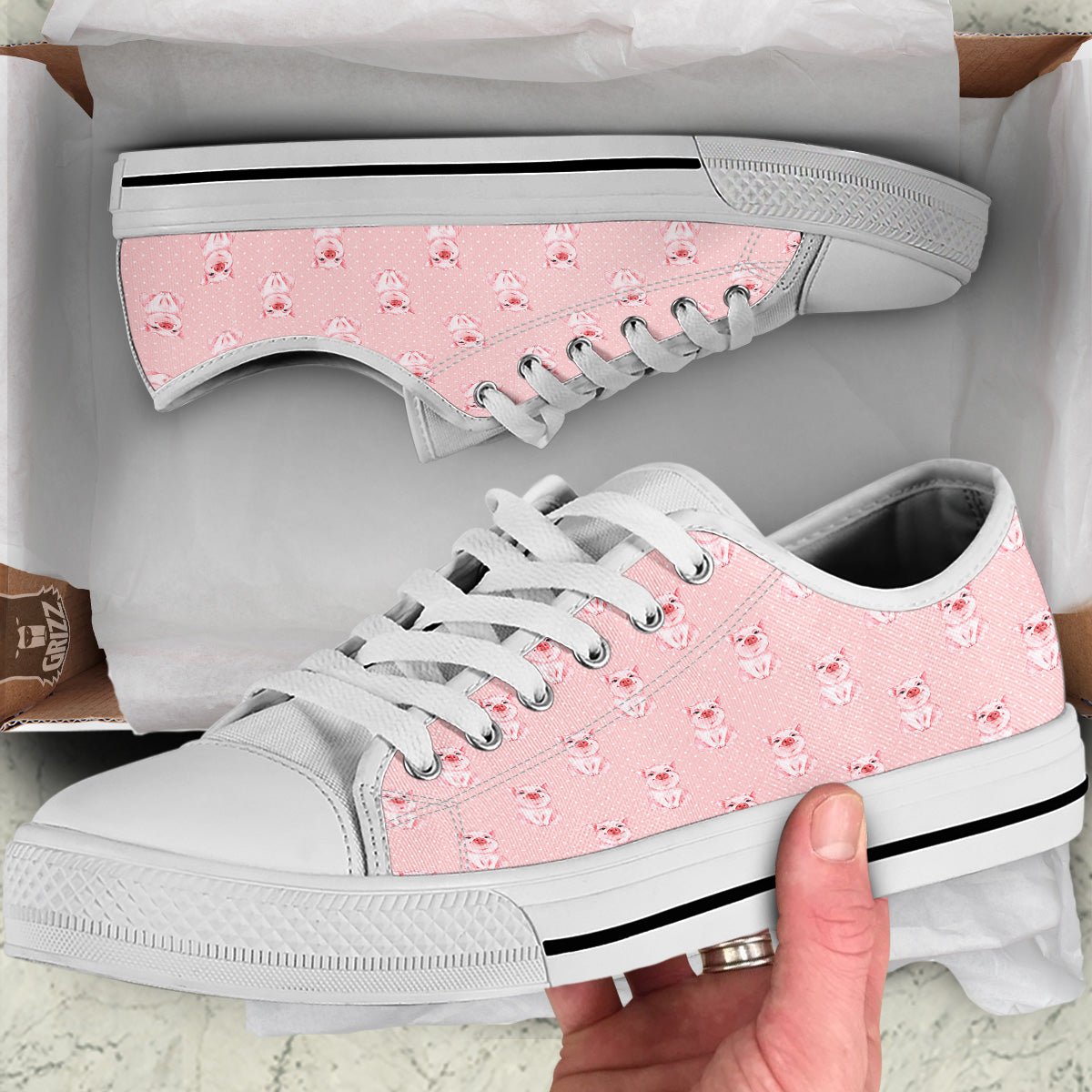 Little Pig And White Dots Print Pattern White Low Top Shoes-grizzshop