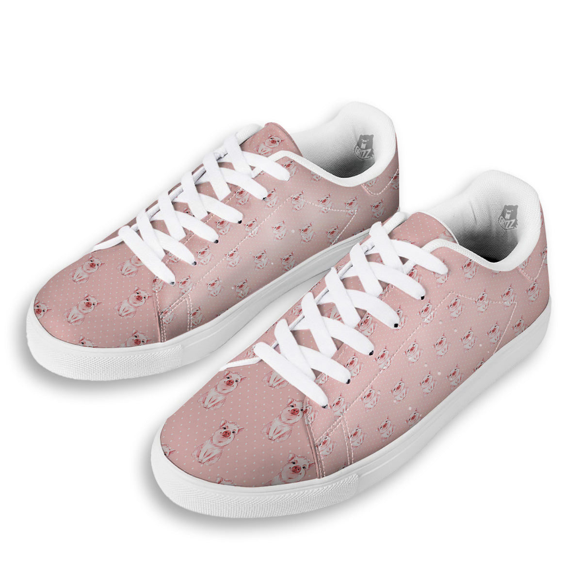 Little Pig And White Dots Print Pattern White Low Top Sneakers-grizzshop