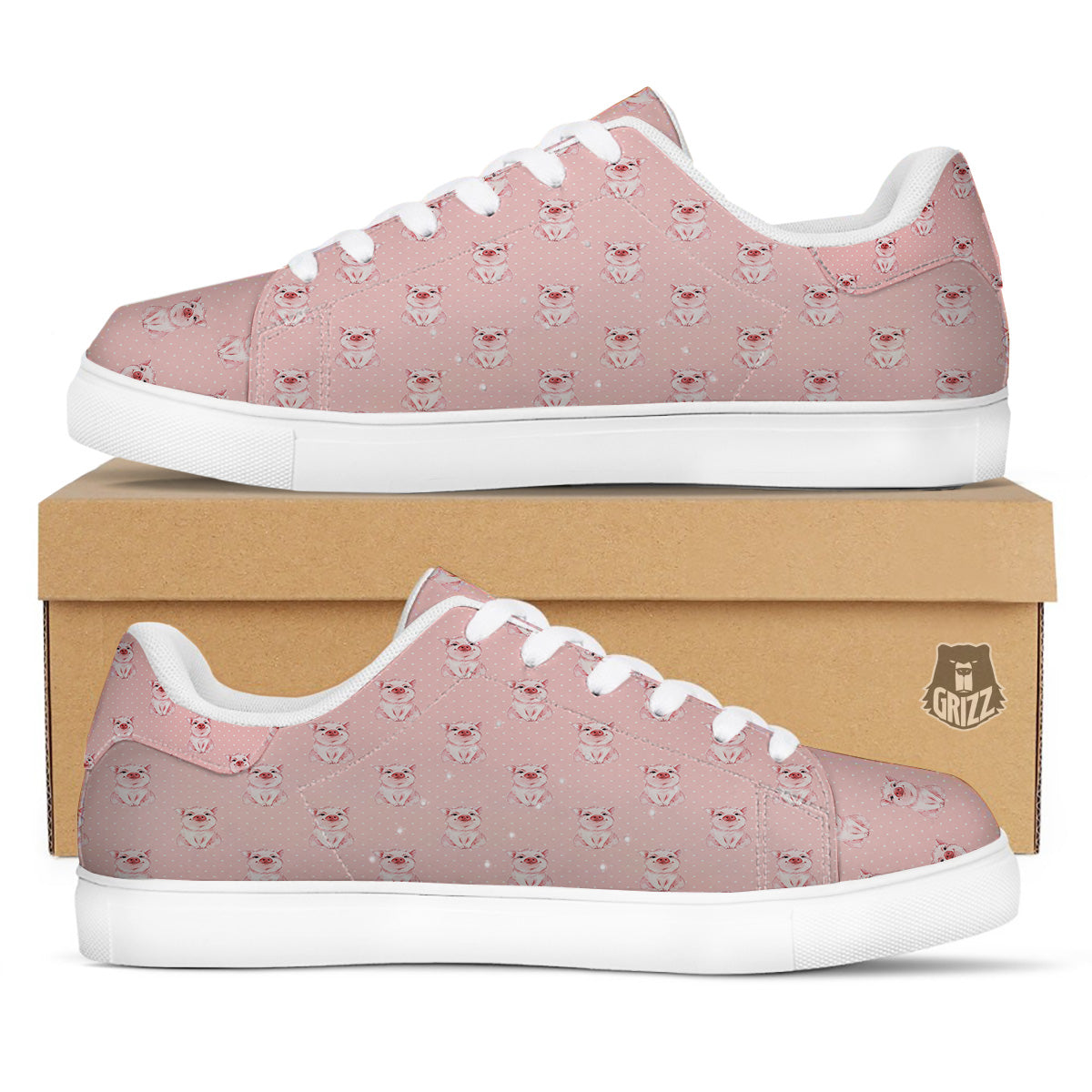 Little Pig And White Dots Print Pattern White Low Top Sneakers-grizzshop