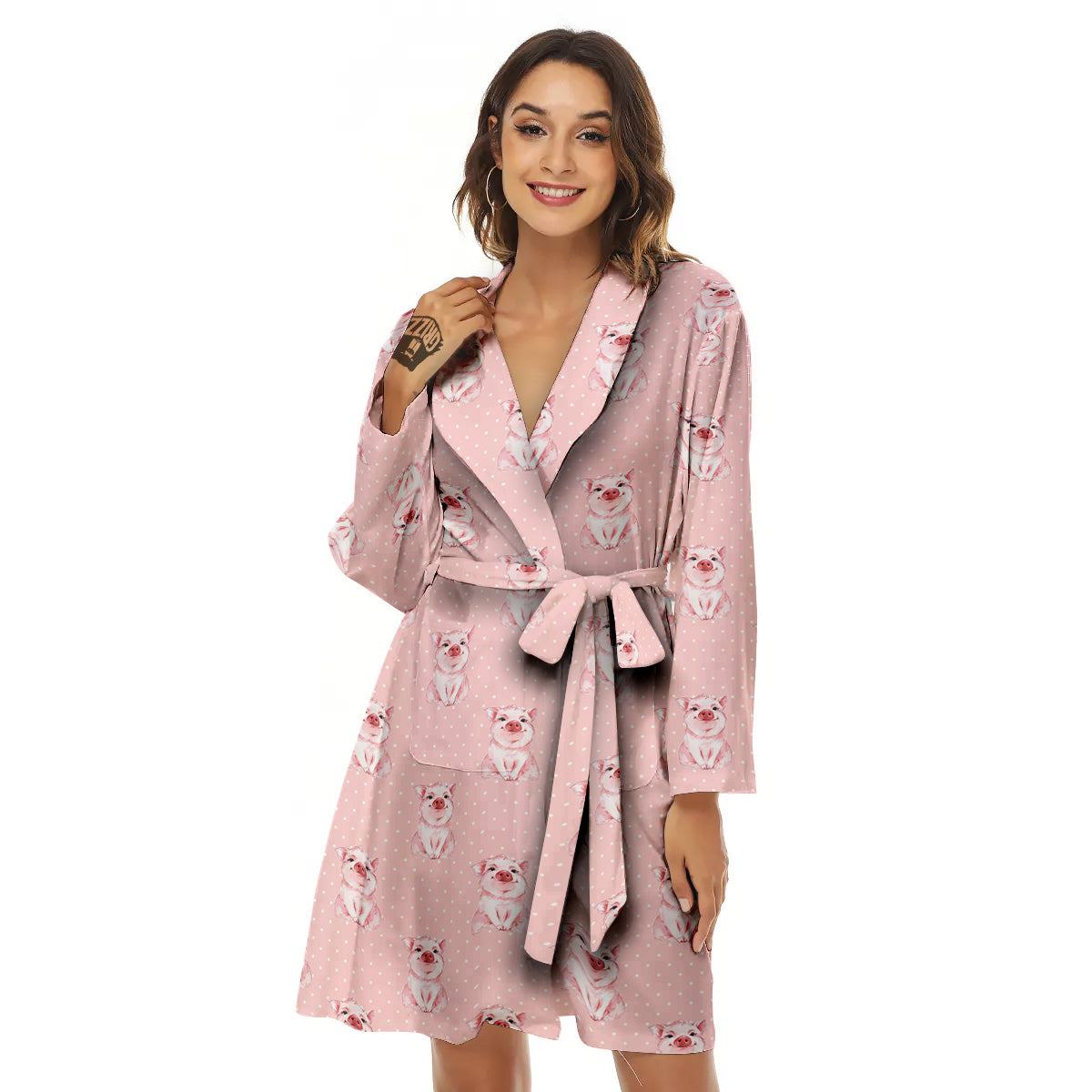Little Pig And White Dots Print Pattern Women's Robe-grizzshop