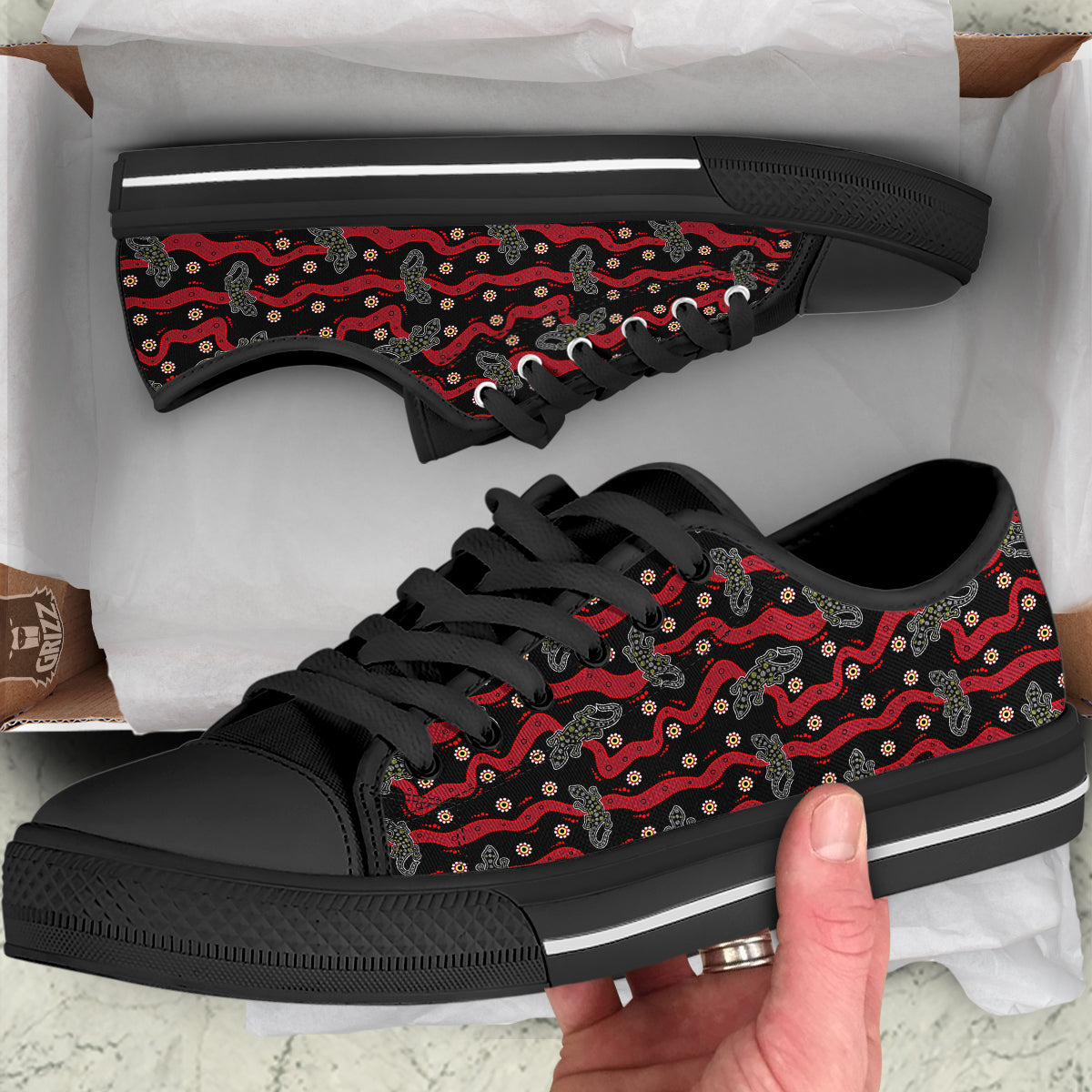 Lizard Aboriginal Print Pattern Black Low Top Shoes-grizzshop