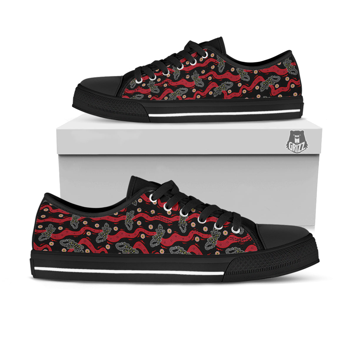 Lizard Aboriginal Print Pattern Black Low Top Shoes-grizzshop