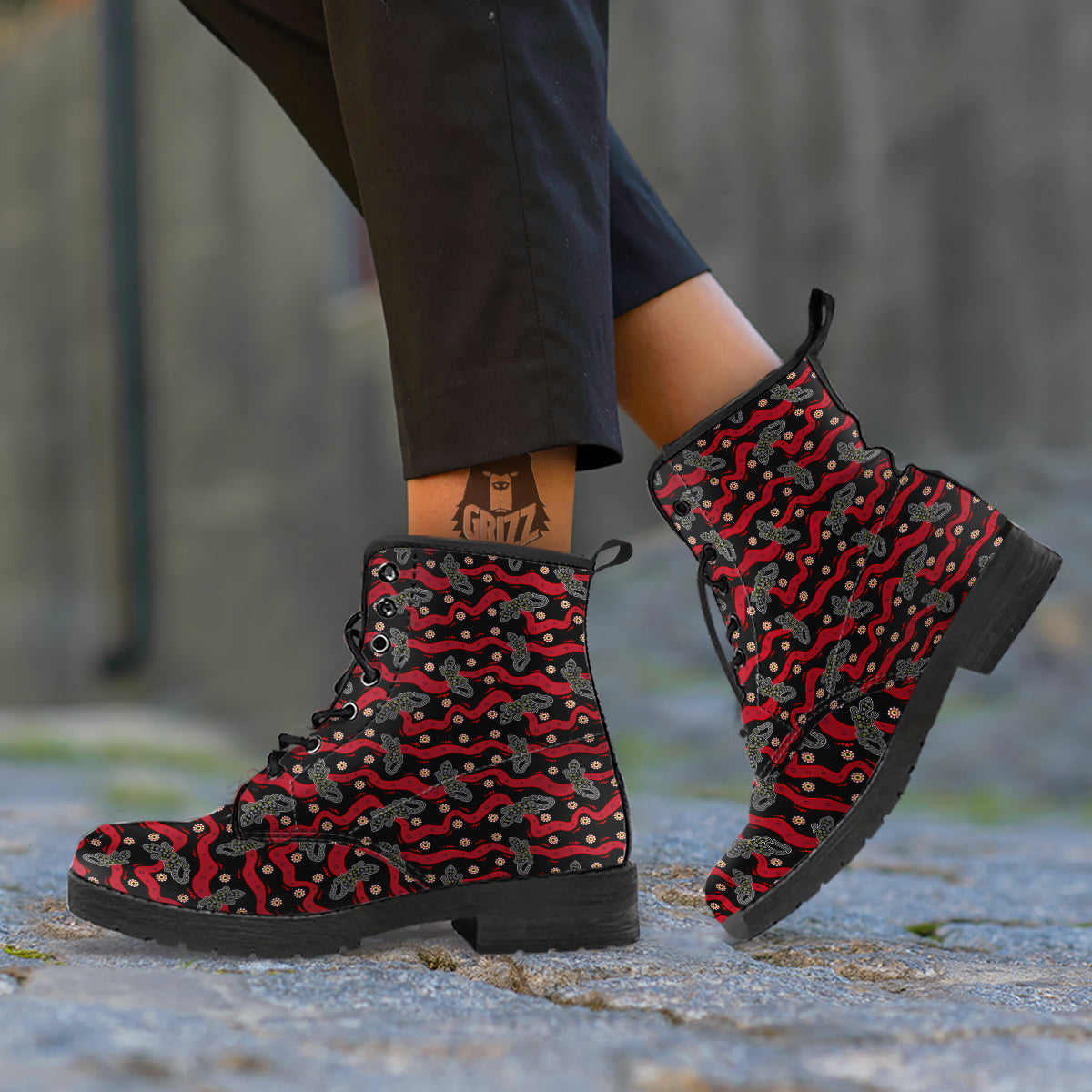Lizard Aboriginal Print Pattern Leather Boots-grizzshop