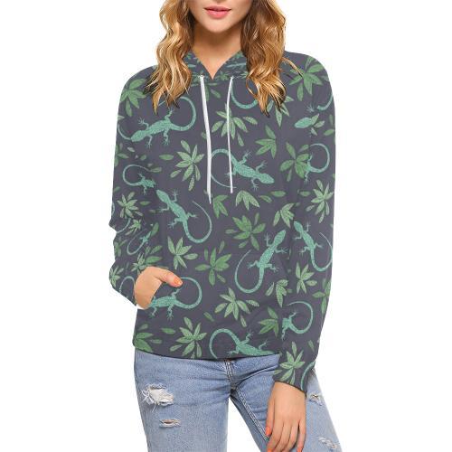 Lizard Leaf Pattern Print Women Pullover Hoodie-grizzshop