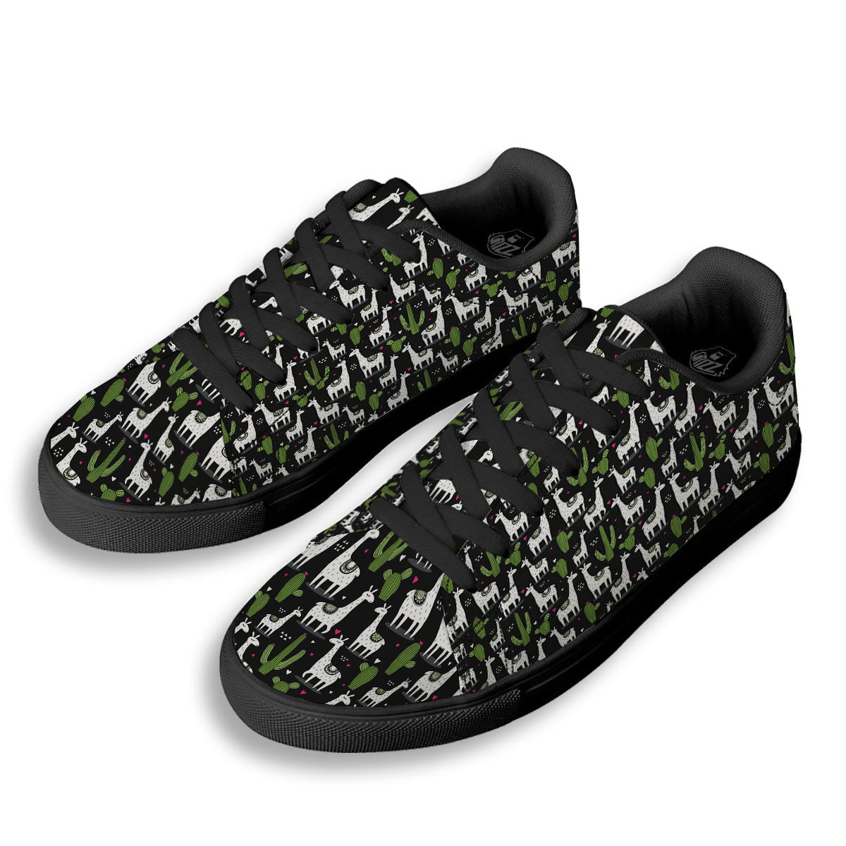 Llama And Cactus Print Pattern Black Low Top Sneakers-grizzshop
