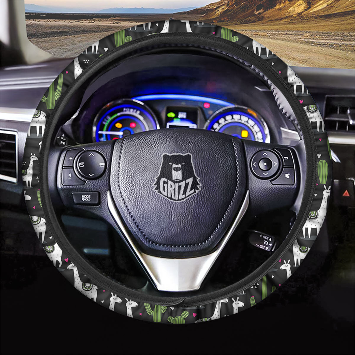 Llama And Cactus Print Pattern Car Steering Wheel Cover-grizzshop