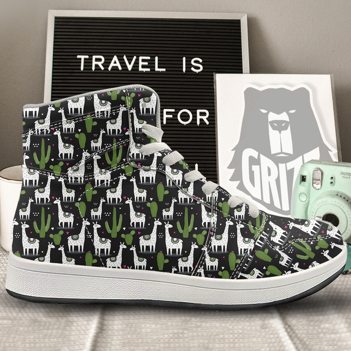 Llama And Cactus Print Pattern High Top Sneakers-grizzshop
