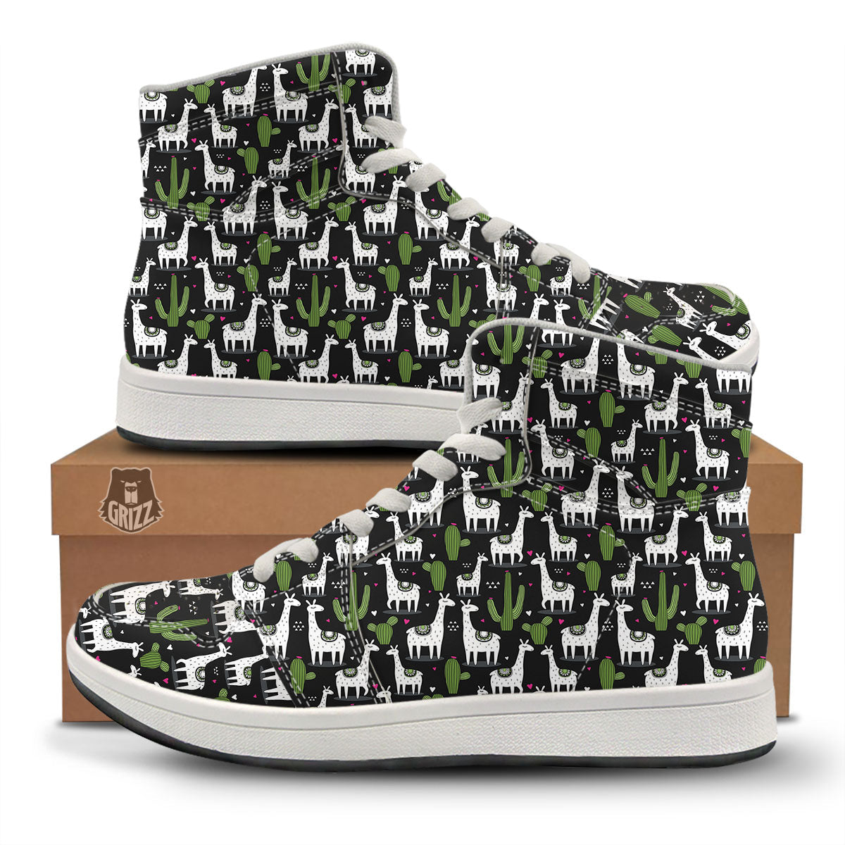 Llama And Cactus Print Pattern High Top Sneakers-grizzshop