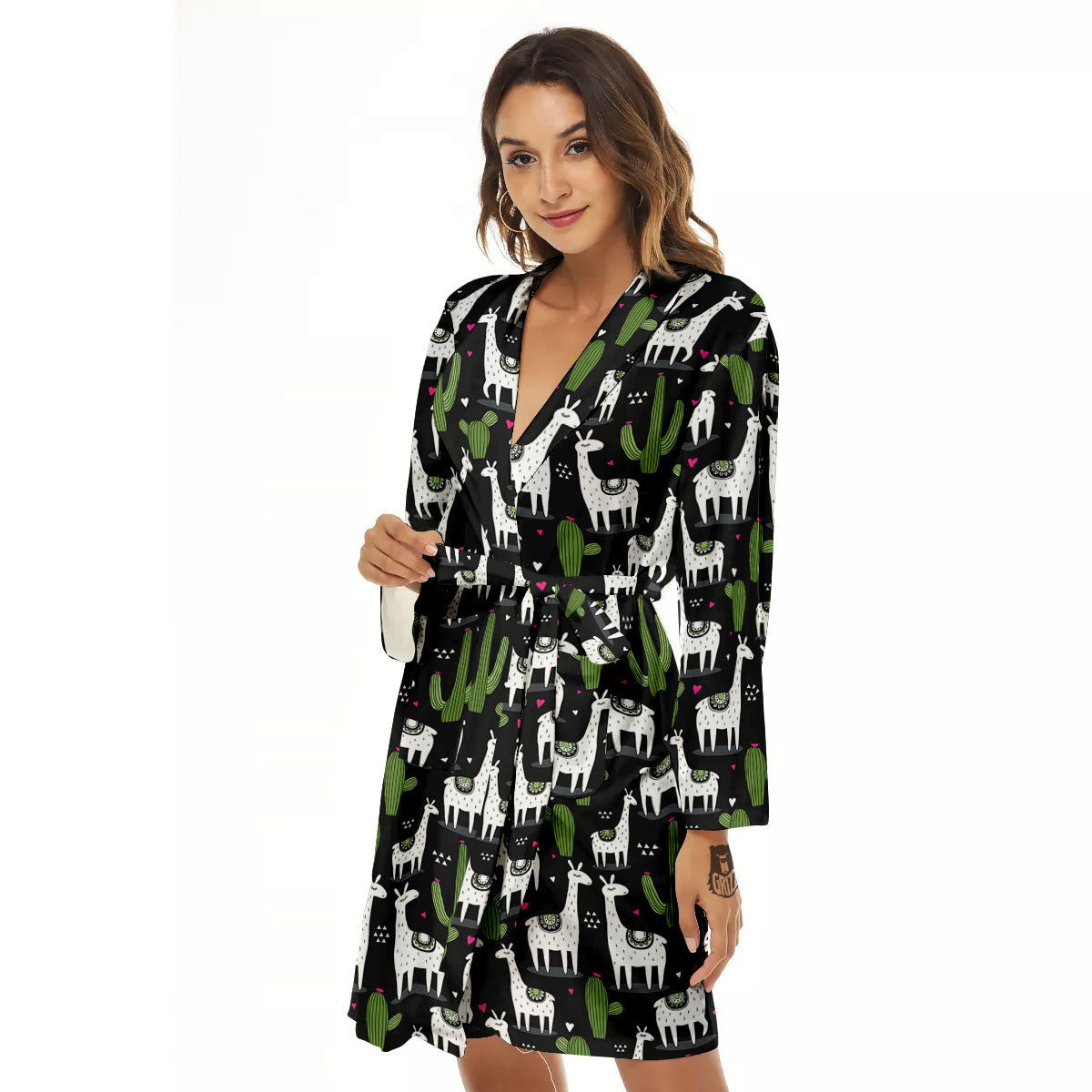 Llama And Cactus Print Pattern Women's Robe-grizzshop