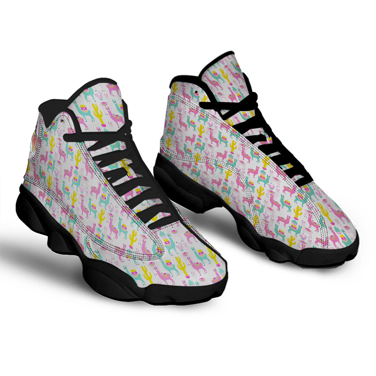 Llama And Cartoon Cactus Print Pattern Black Basketball Shoes-grizzshop