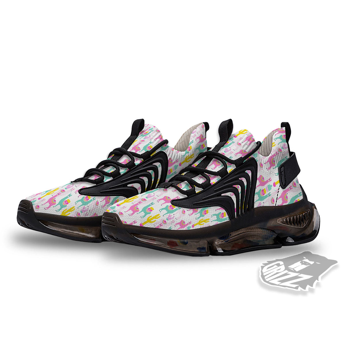 Llama And Cartoon Cactus Print Pattern Black Gym Shoes-grizzshop