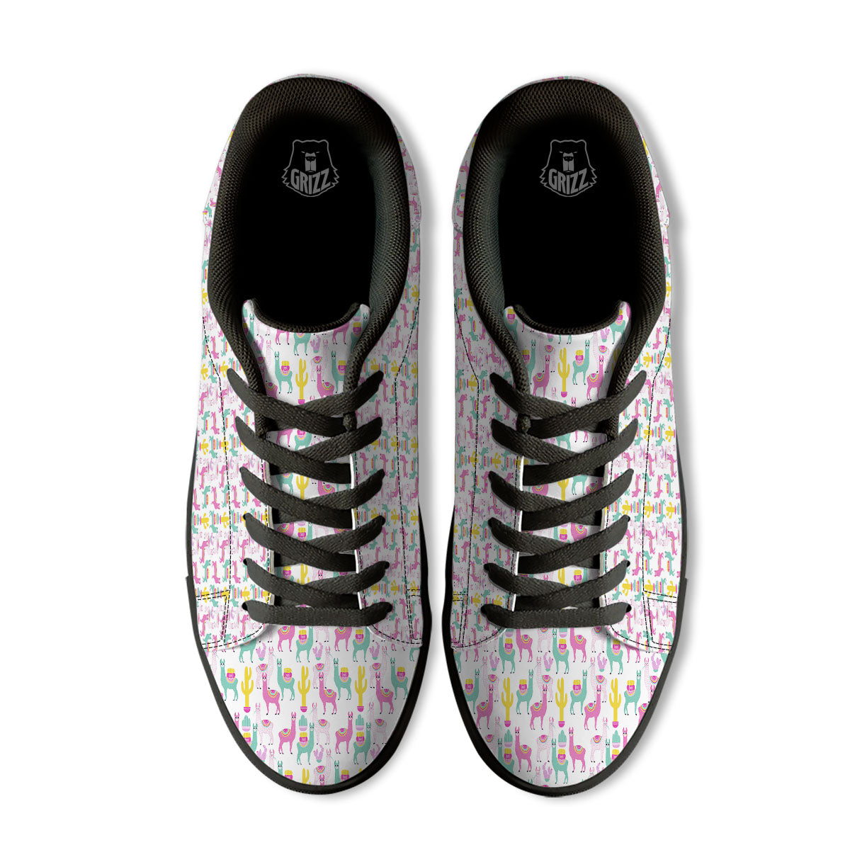 Llama And Cartoon Cactus Print Pattern Black Low Top Sneakers-grizzshop