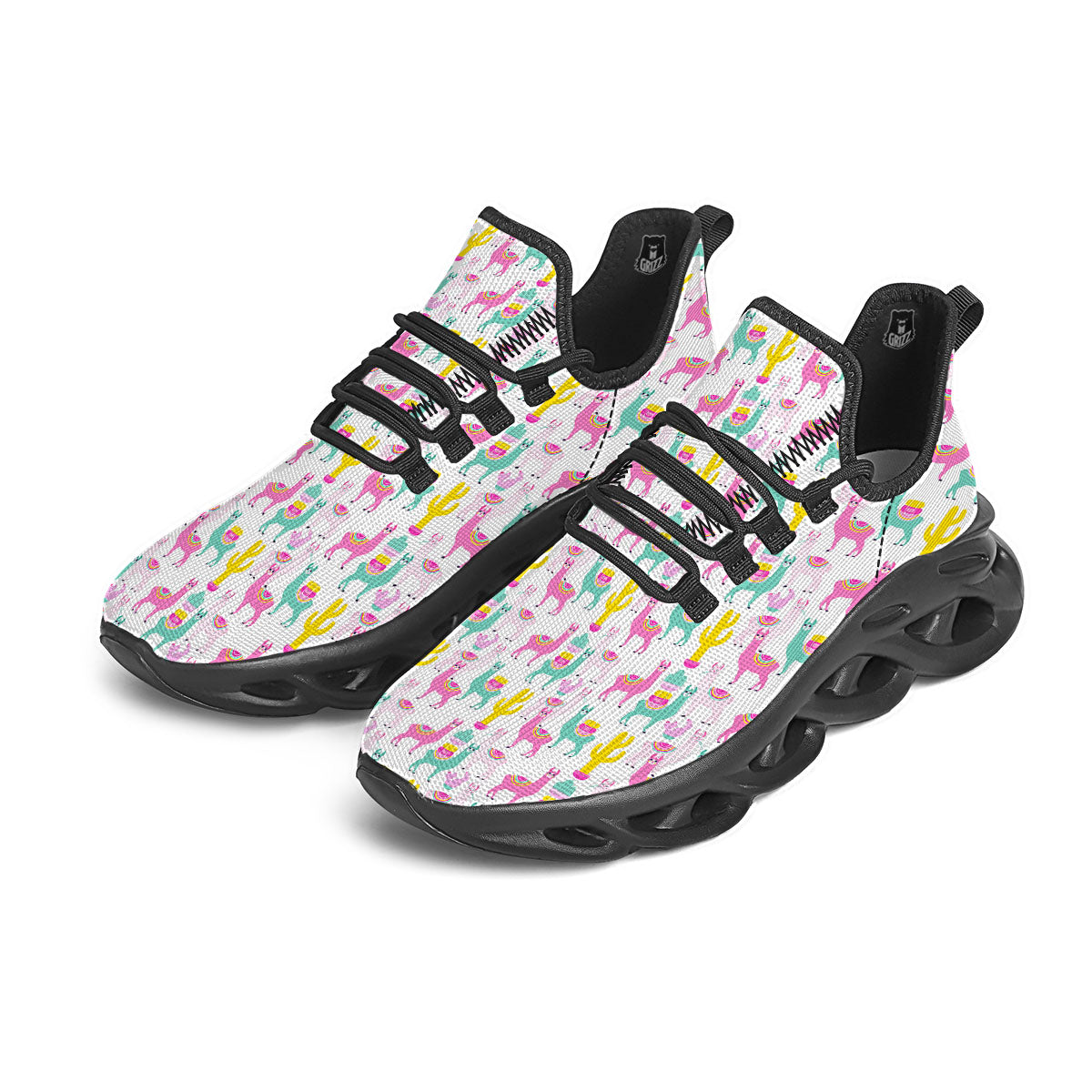 Llama And Cartoon Cactus Print Pattern Black Running Shoes-grizzshop