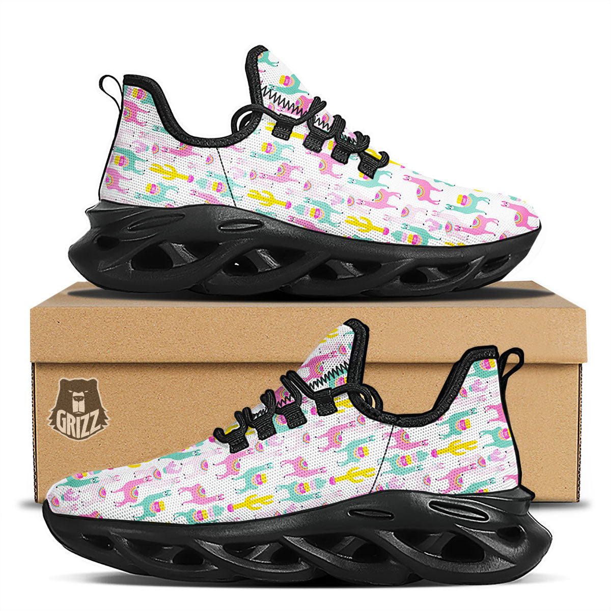 Llama And Cartoon Cactus Print Pattern Black Running Shoes-grizzshop