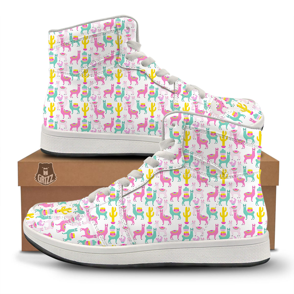 Llama And Cartoon Cactus Print Pattern High Top Sneakers-grizzshop