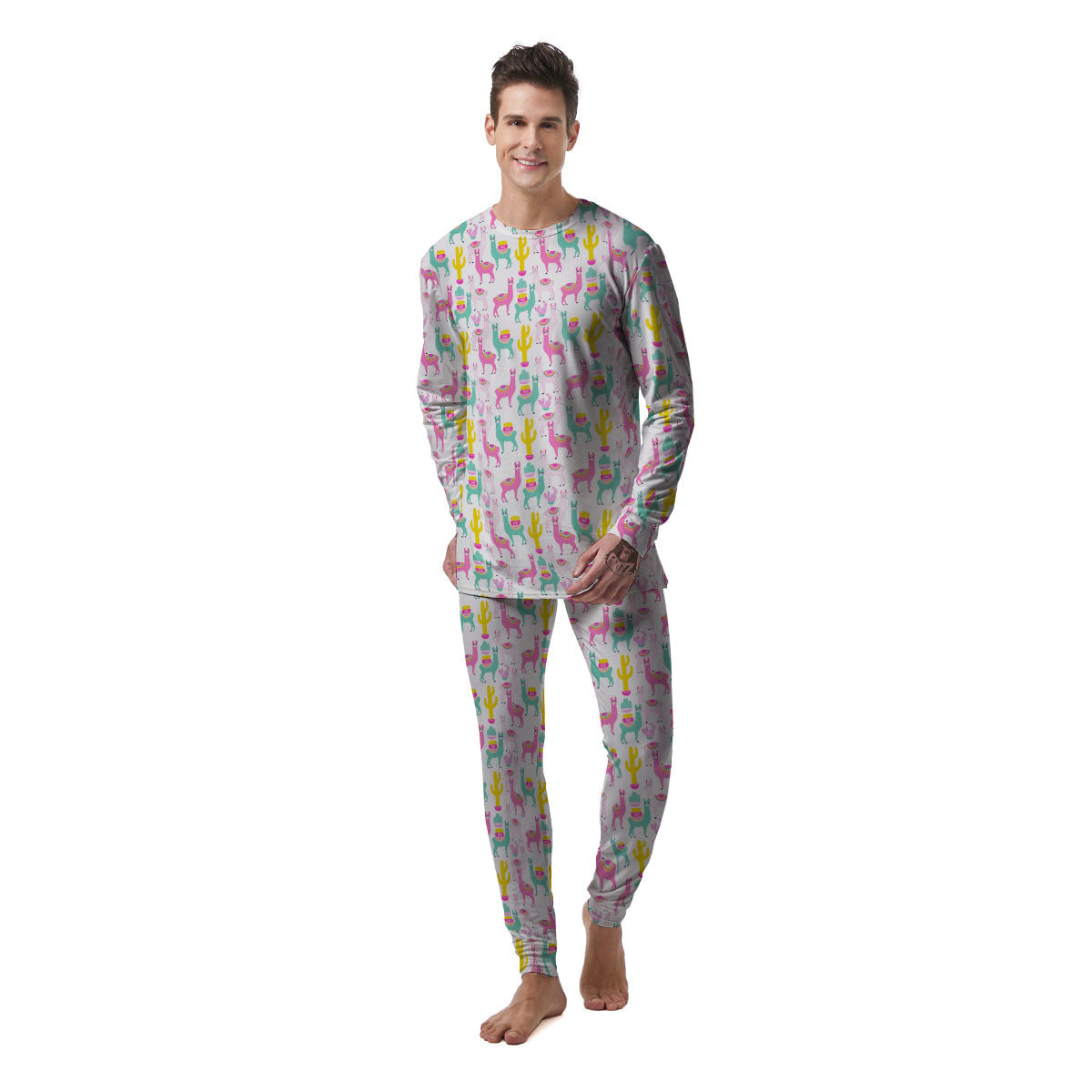 Llama And Cartoon Cactus Print Pattern Men's Pajamas-grizzshop