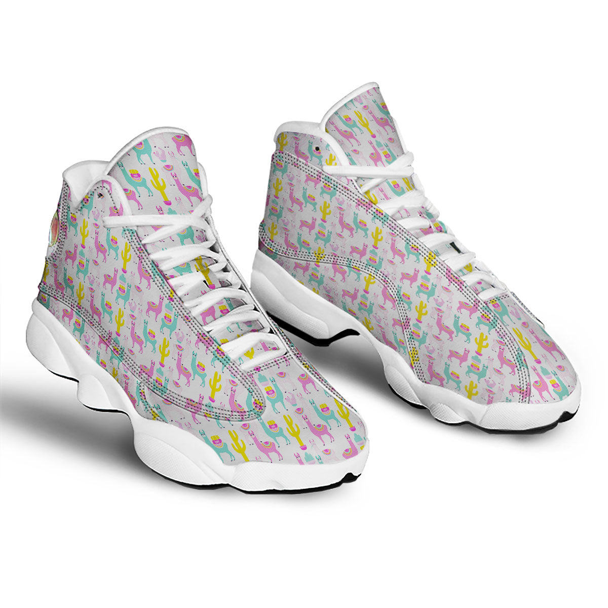 Llama And Cartoon Cactus Print Pattern White Basketball Shoes-grizzshop