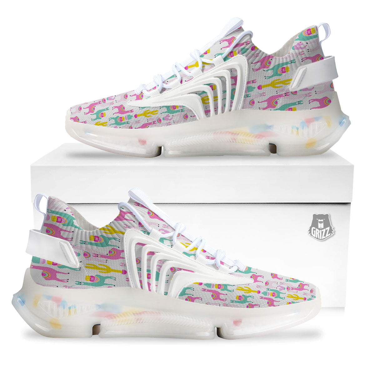 Llama And Cartoon Cactus Print Pattern White Gym Shoes-grizzshop