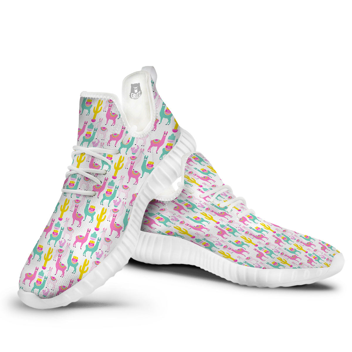 Llama And Cartoon Cactus Print Pattern White Walking Shoes-grizzshop