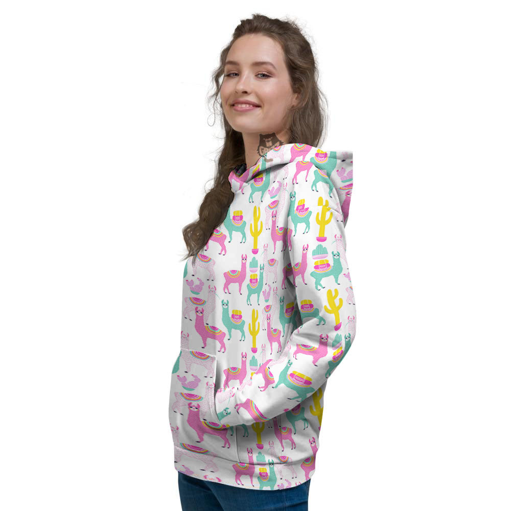 Llama And Cartoon Cactus Print Pattern Women's Hoodie-grizzshop