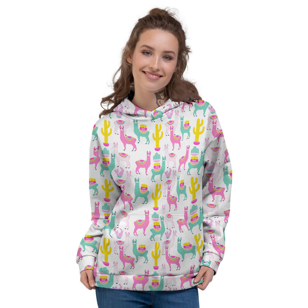Llama And Cartoon Cactus Print Pattern Women's Hoodie-grizzshop