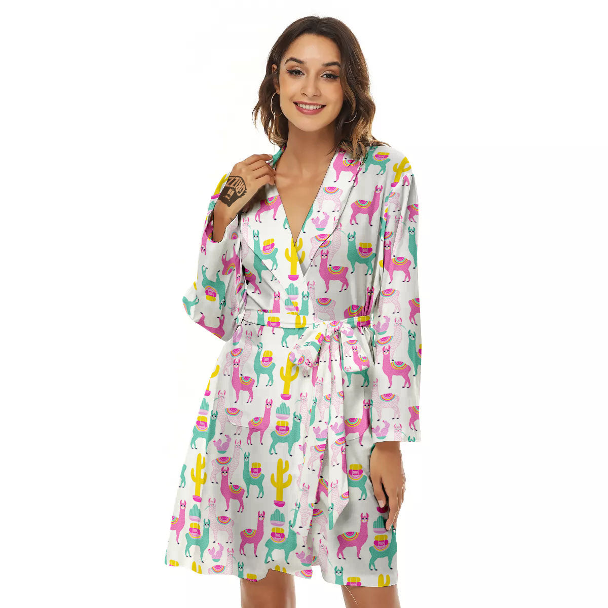 Llama And Cartoon Cactus Print Pattern Women's Robe-grizzshop