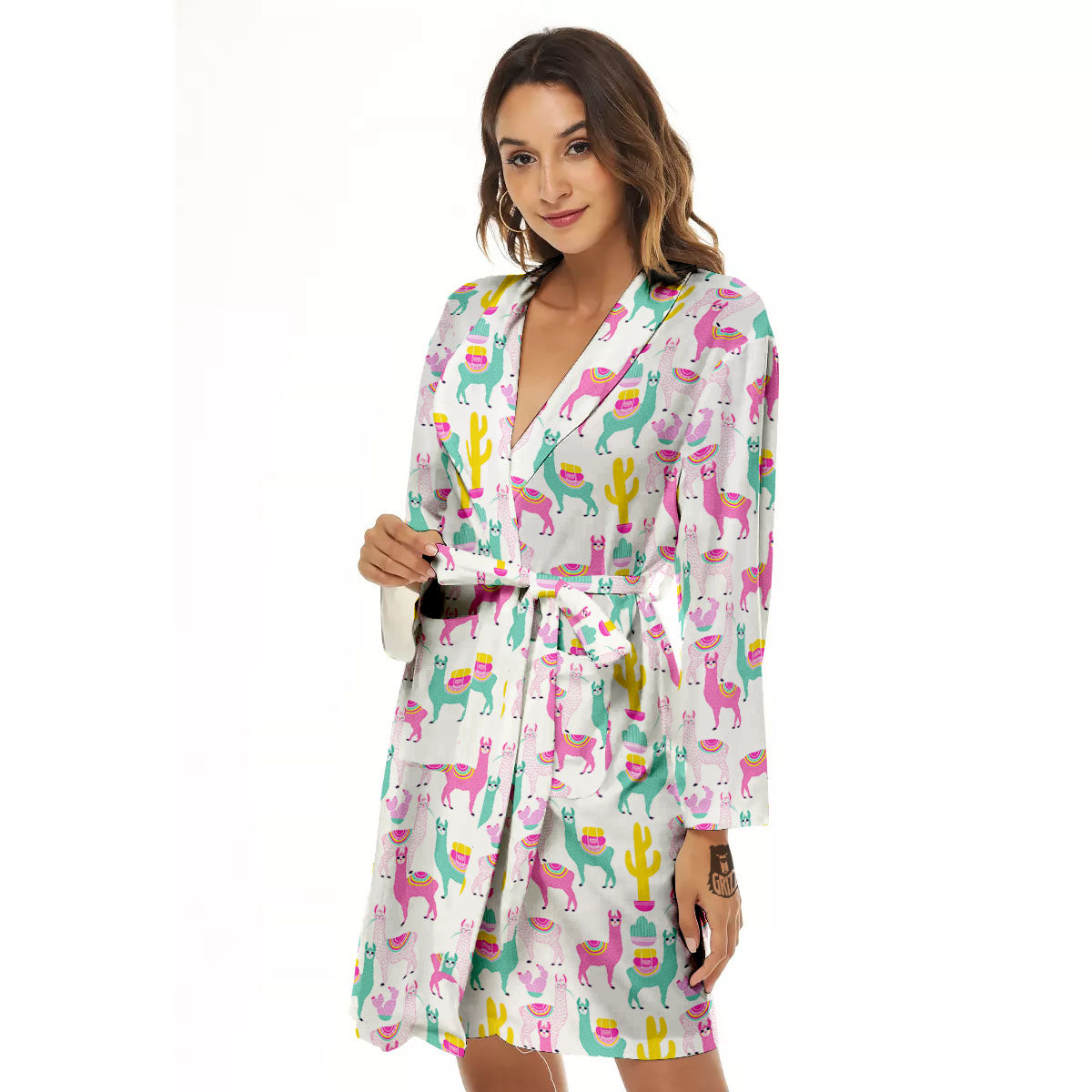 Llama And Cartoon Cactus Print Pattern Women's Robe-grizzshop