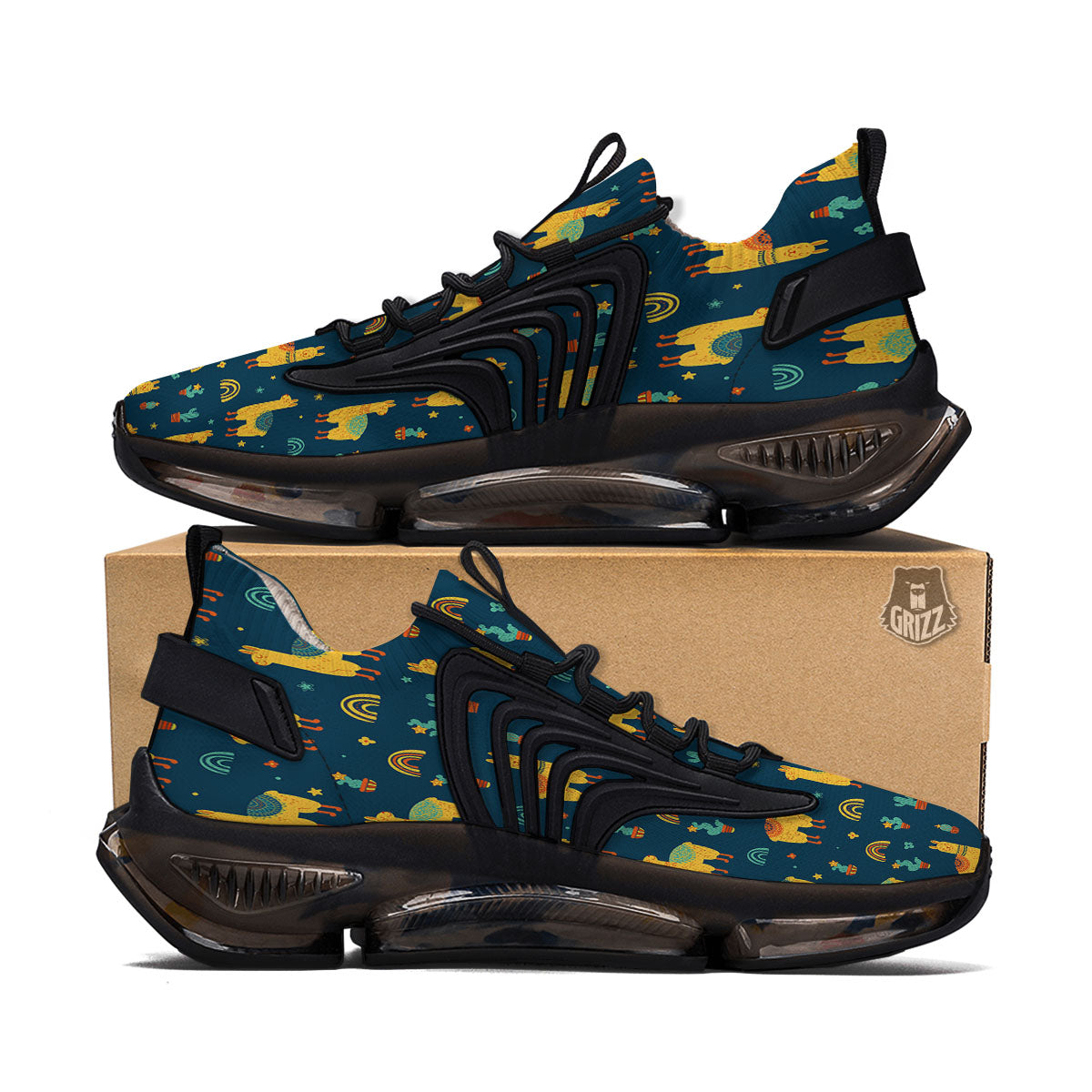 Llama And Cute Cactus Print Pattern Black Gym Shoes-grizzshop
