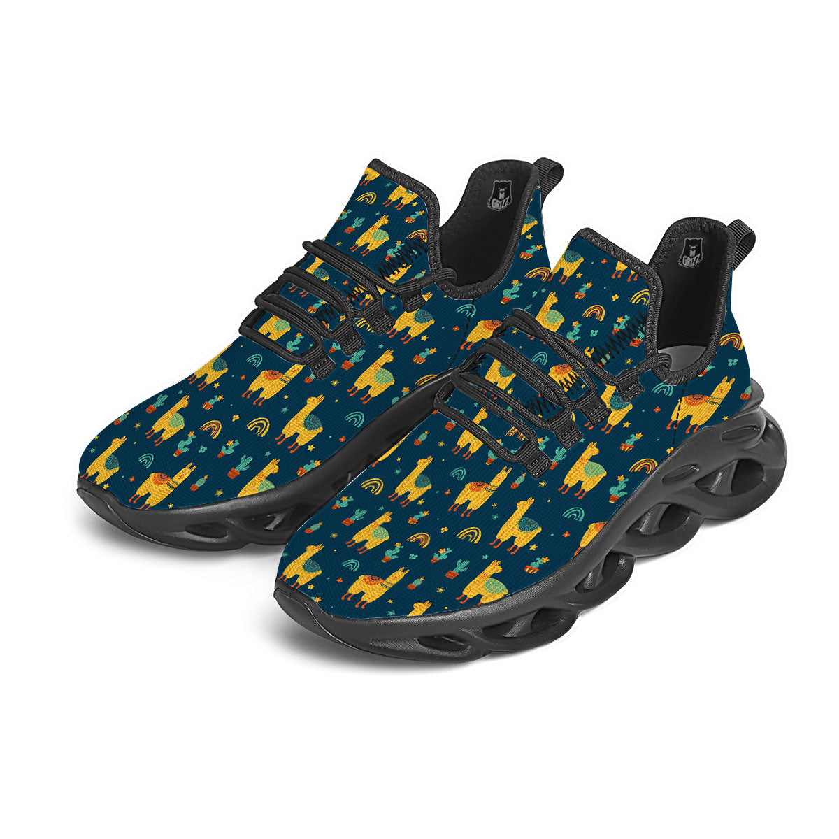 Llama And Cute Cactus Print Pattern Black Running Shoes-grizzshop