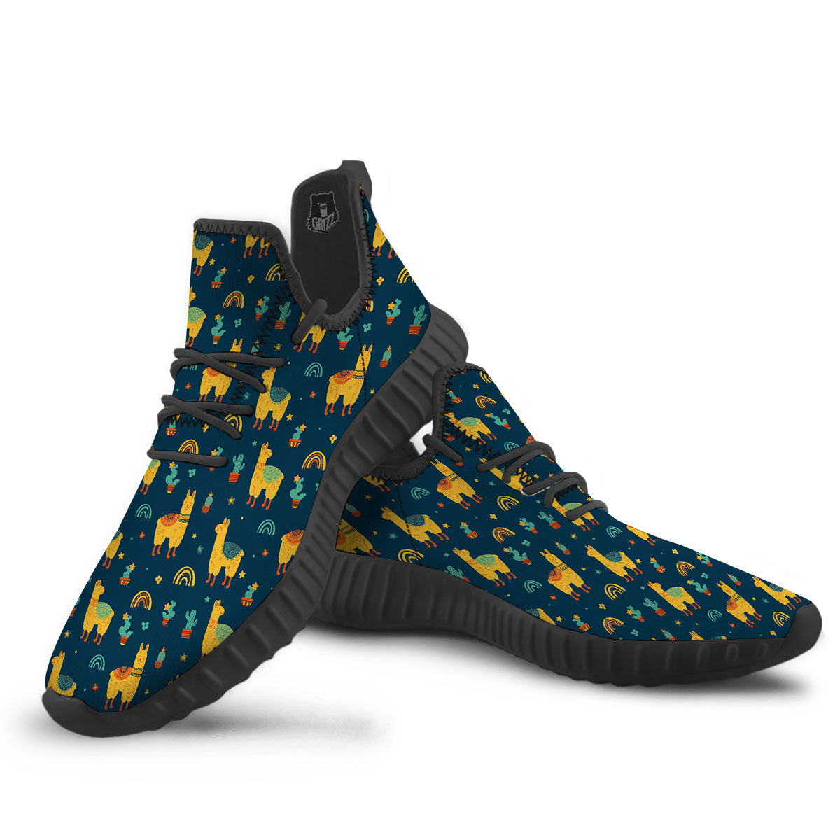 Llama And Cute Cactus Print Pattern Black Walking Shoes-grizzshop