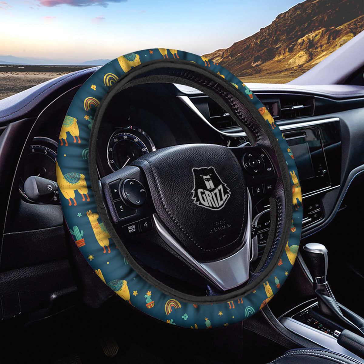 Llama And Cute Cactus Print Pattern Car Steering Wheel Cover-grizzshop