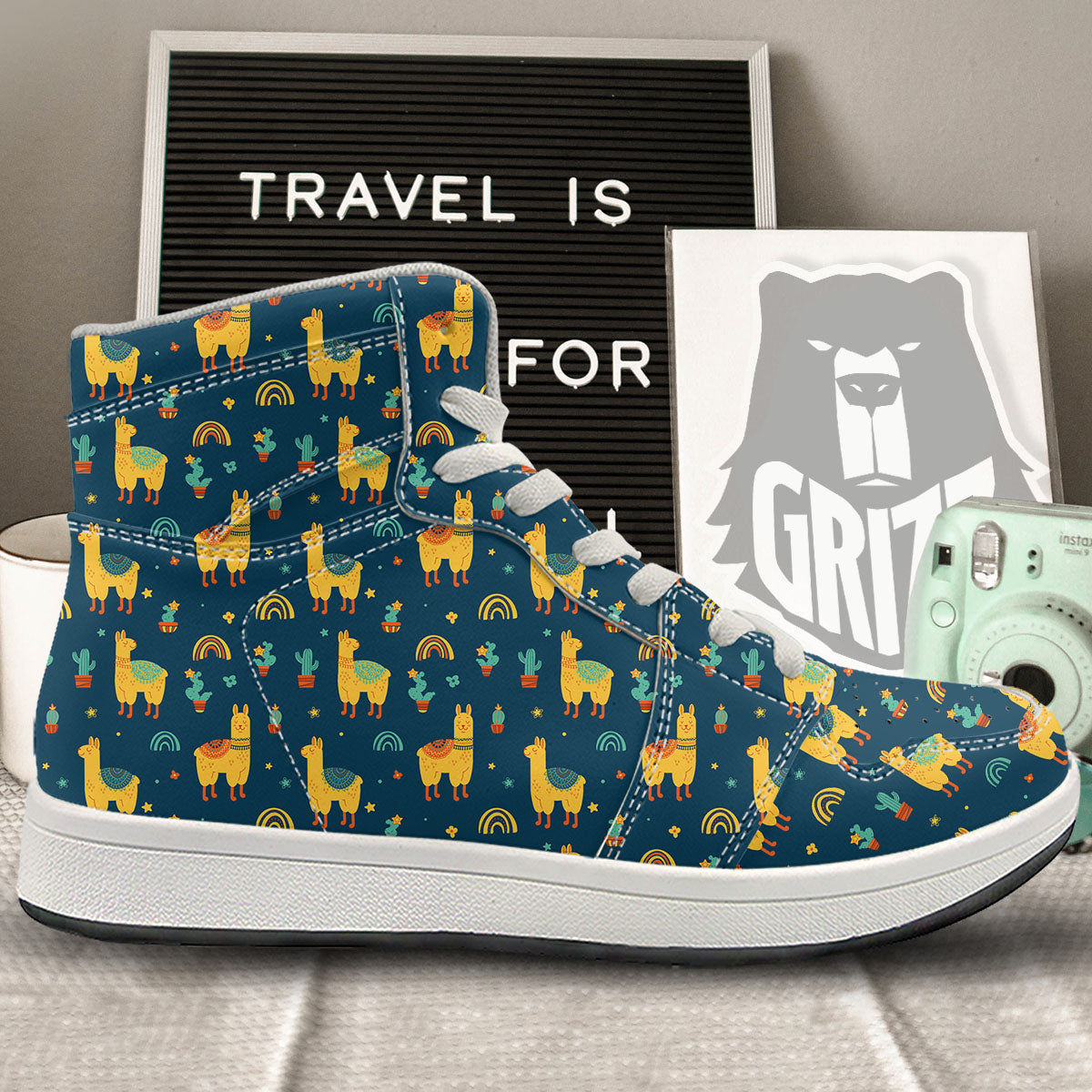 Llama And Cute Cactus Print Pattern High Top Sneakers-grizzshop